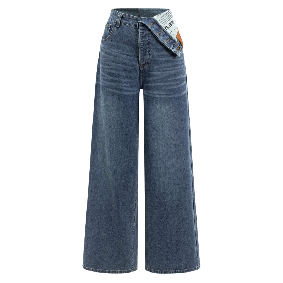 Micas Nwt Denim Asymmetrical High Waist Wide Leg Jeans Blue High Rise Sz L — image 2 of 8